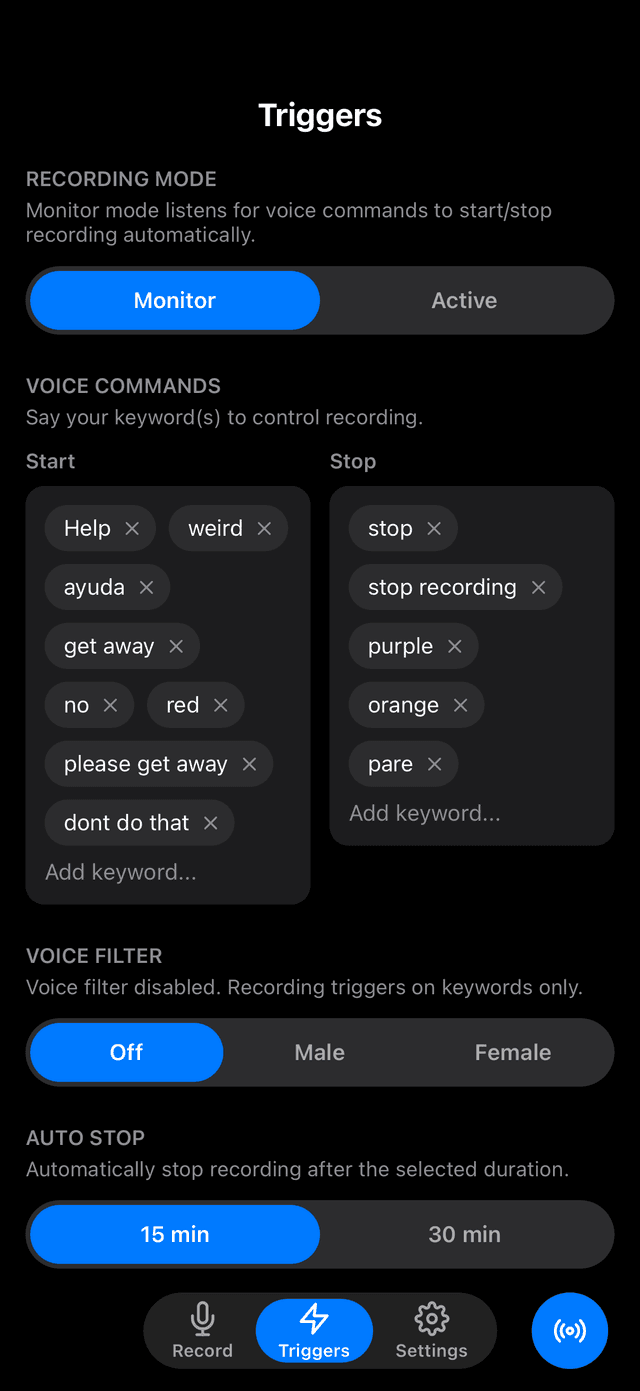 Mic Buddy voice command triggers for hands free recording with custom keywords